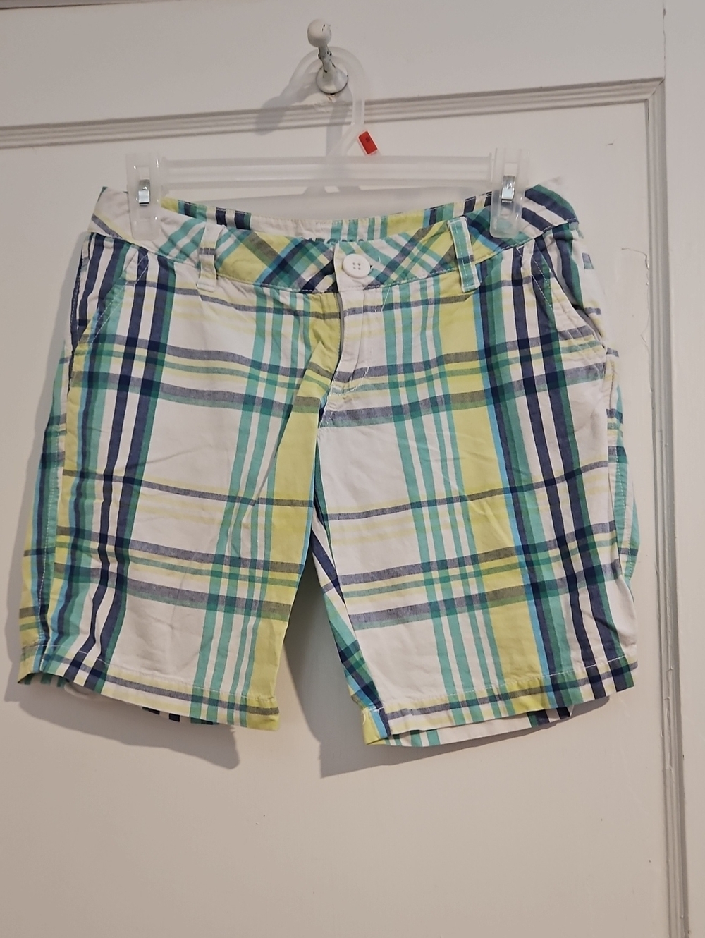 Arizona Jean Company Plaid Flat Front Shorts Yellow, Blue, Green & White Size 1